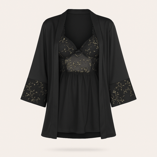 Black & Gold Embroidered Nightwear Set – Babydoll Chemise with Matching Satin Robe - Donna Speziatta