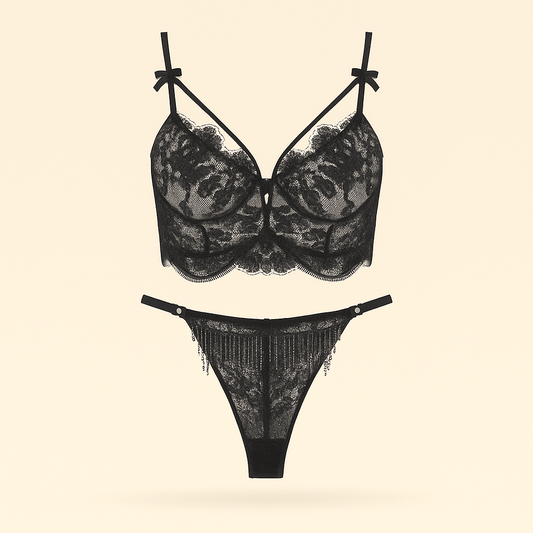 Black Lace Lingerie Set – Underwire Bra & Matching Panty with Beaded Fringe - Donna Speziatta