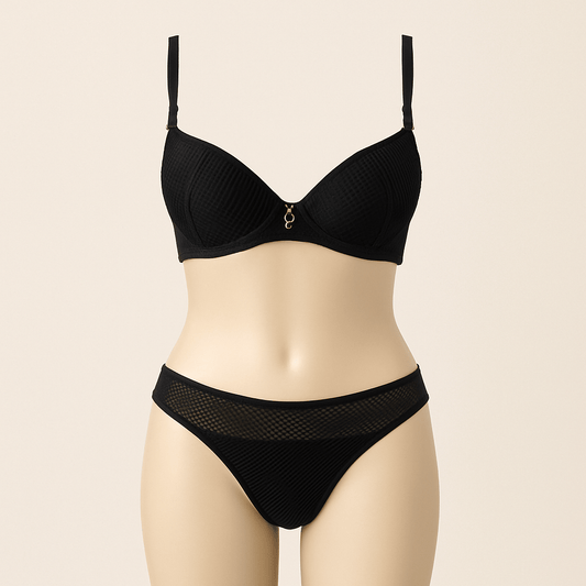 Black Mesh Lingerie Set – Underwire Bra & Sheer Panel Panty with Gold Charm - Donna Speziatta