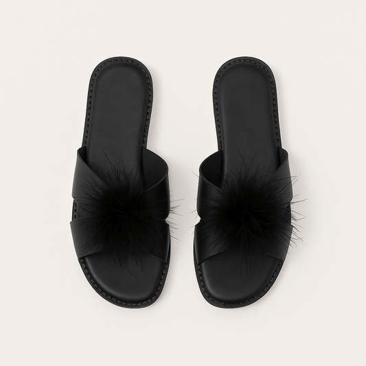 Black Satin Feather Slippers – Luxury Open - Toe Slides with Fluffy Detail - Donna Speziatta