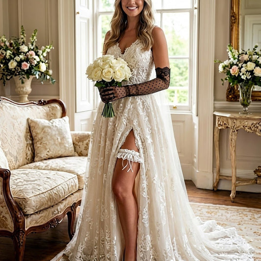 Black Sheer Mesh Polka Dot Gloves – Long Elbow - Length with Lace Trim (14BL) - Donna Speziatta