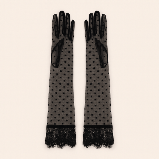 Black Sheer Mesh Polka Dot Gloves – Long Elbow - Length with Lace Trim (14BL) - Donna Speziatta