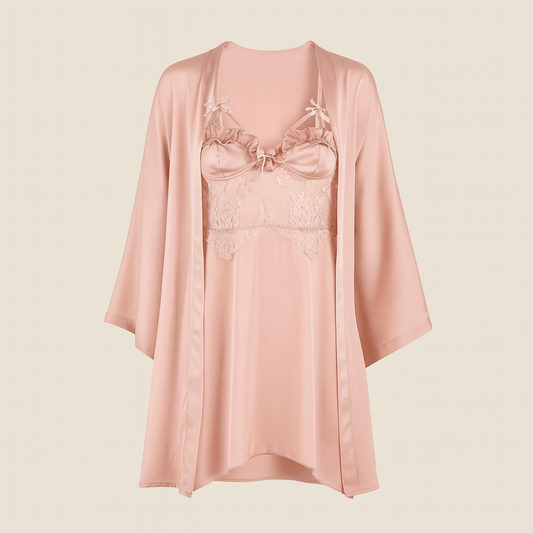 Blush Pink Satin & Lace Nightwear Set – Chemise Slip Dress with Matching Robe - Donna Speziatta