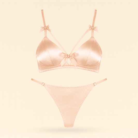 Blush Satin Lingerie Set – Strappy Bralette & Matching Thong with Bow Details - Donna Speziatta