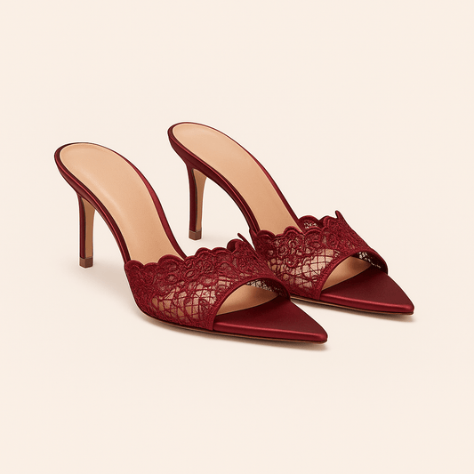 Burgundy Lace Satin Stiletto Mule Heels - Donna Speziatta