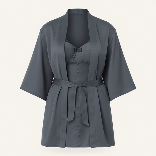 Charcoal Satin Nightwear Set – Bustier Chemise with Matching Kimono Robe - Donna Speziatta