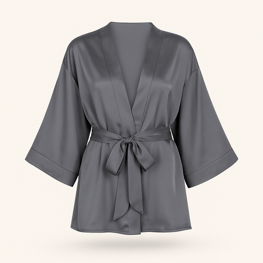 Charcoal Satin Nightwear Set – Bustier Slip Dress with Matching Kimono Robe - Donna Speziatta