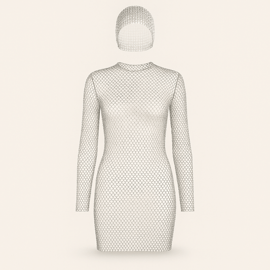 Crystal Mesh Mini Dress with Matching Headpiece – Long Sleeve Rhinestone Party Outfit - Donna Speziatta