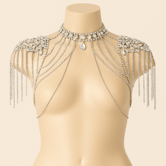 Crystal Shoulder Necklace – Rhinestone Body Jewelry with Draped Chains & Statement Choker - Donna Speziatta