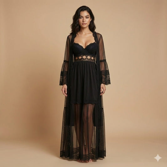 Donna Speziatta Black Lace Balconette Bra with Matching Satin Robe - Donna Speziatta