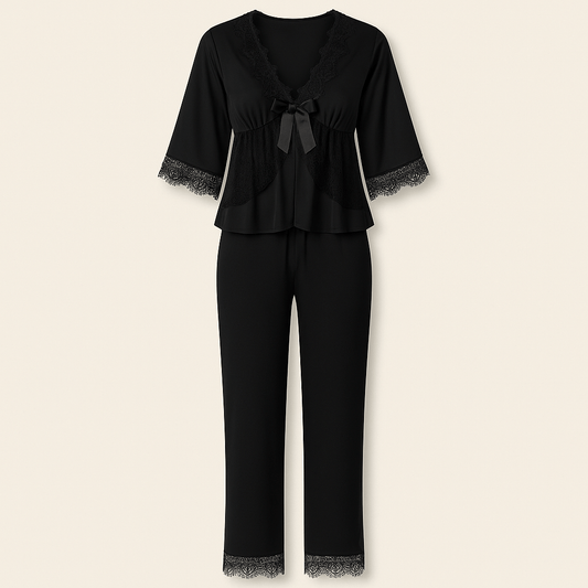 Donna Speziatta Black Satin Pajama Set with Lace Trim - Donna Speziatta