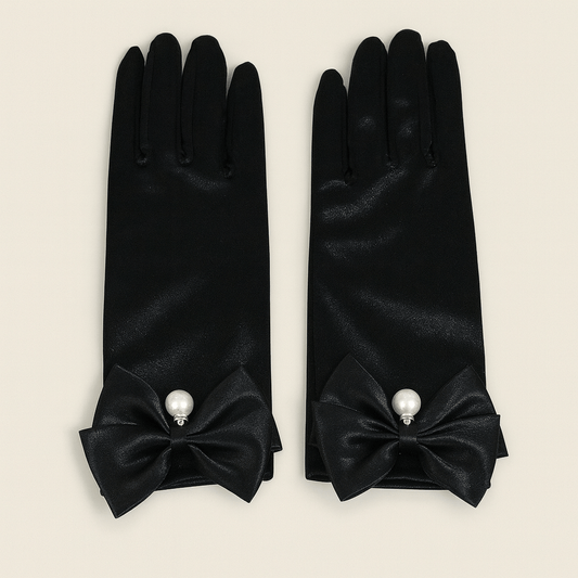 Elegant Satin Dress Gloves – Wrist - Length with Bow & Pearl Detail (Black & White) - Donna Speziatta