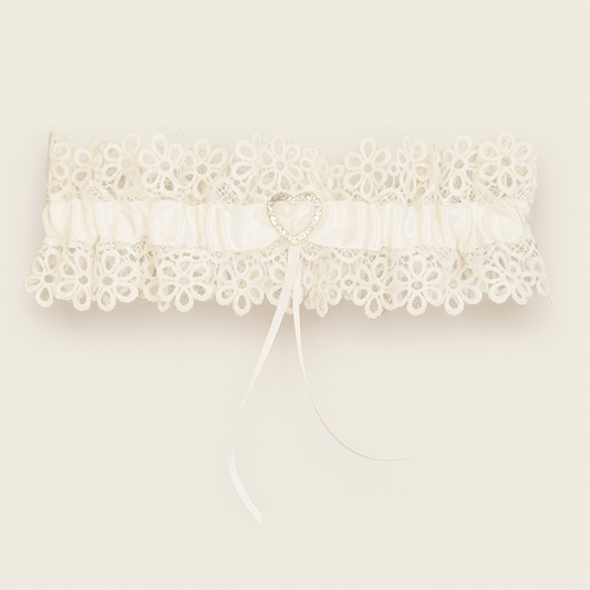 Ivory Floral Lace & Heart Charm Bridal Garter - Donna Speziatta