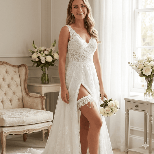 Ivory Wide Lace Bridal Garter with Satin Bow - Donna Speziatta