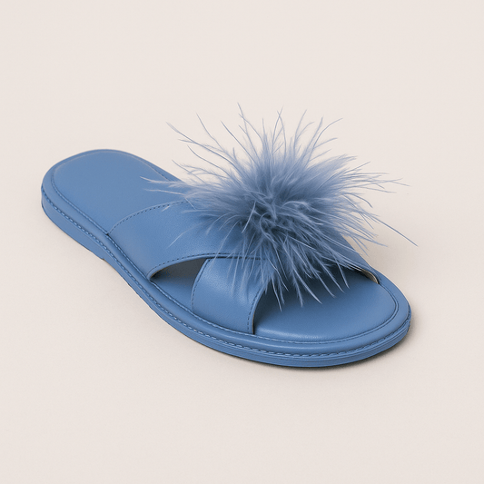 Luxury Blue Satin Feather Slippers – Open - Toe Slides with Fluffy Detail - Donna Speziatta