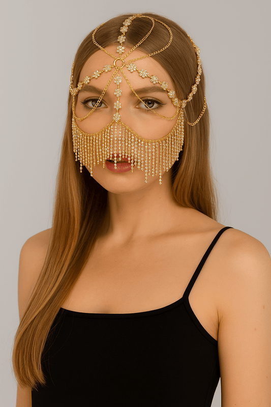 Luxury Gold Face Chain Headpiece – Crystal Fringe Mask with Floral Detail - Donna Speziatta