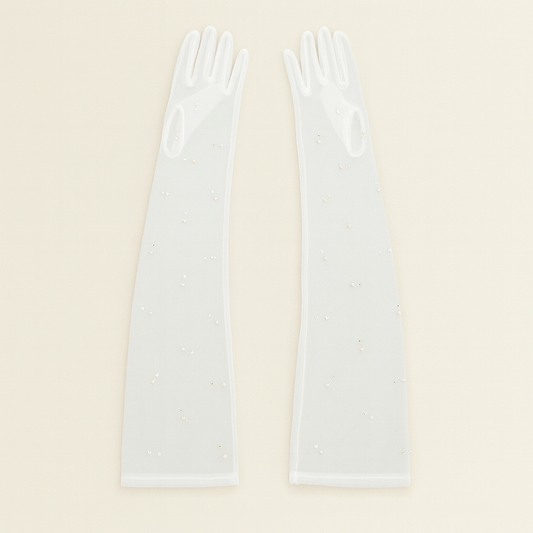 Sheer White Mesh Bridal Gloves – Long Elbow - Length with Pearl Embellishments - Donna Speziatta