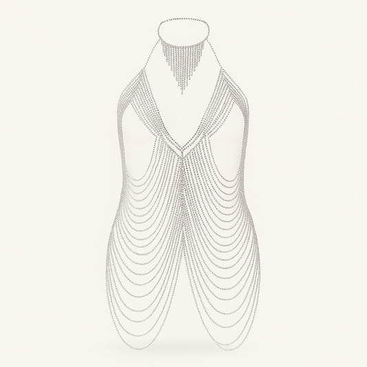 Silver Rhinestone Body Chain – Layered Halter Necklace Harness Jewelry - Donna Speziatta