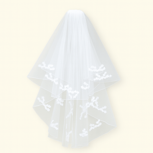 White Cathedral Bridal Veil – Two - Tier Sheer Tulle with Floral Lace Embroidery - Donna Speziatta