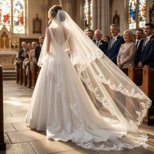 White Cathedral Bridal Veil – Two - Tier Sheer Tulle with Floral Lace Embroidery - Donna Speziatta