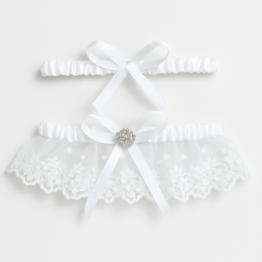White Lace & Satin Double Bridal Garter Set with Floral Embroidery - Donna Speziatta
