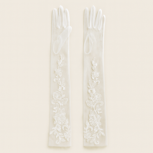 White Sheer Embroidered Bridal Gloves – Long Elbow - Length with Floral Lace Detail - Donna Speziatta