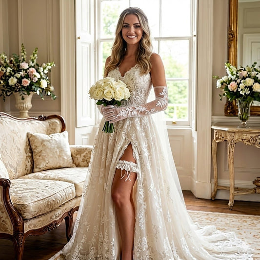 White Sheer Embroidered Bridal Gloves – Long Elbow - Length with Floral Lace Detail - Donna Speziatta