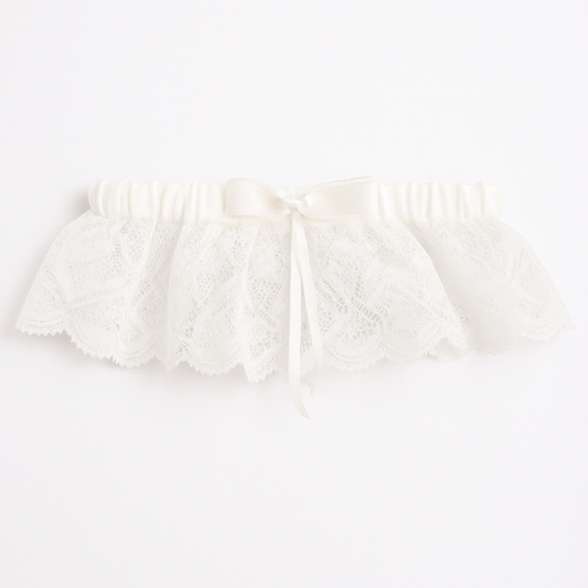 White Wide Lace Bridal Garter with Satin Bow - Donna Speziatta