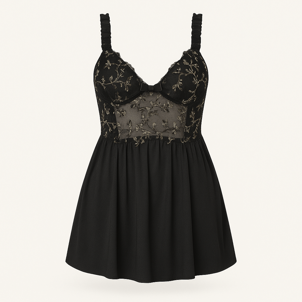 Black & Gold Embroidered Nightwear Set – Babydoll Chemise with Matching Satin Robe - Donna Speziatta