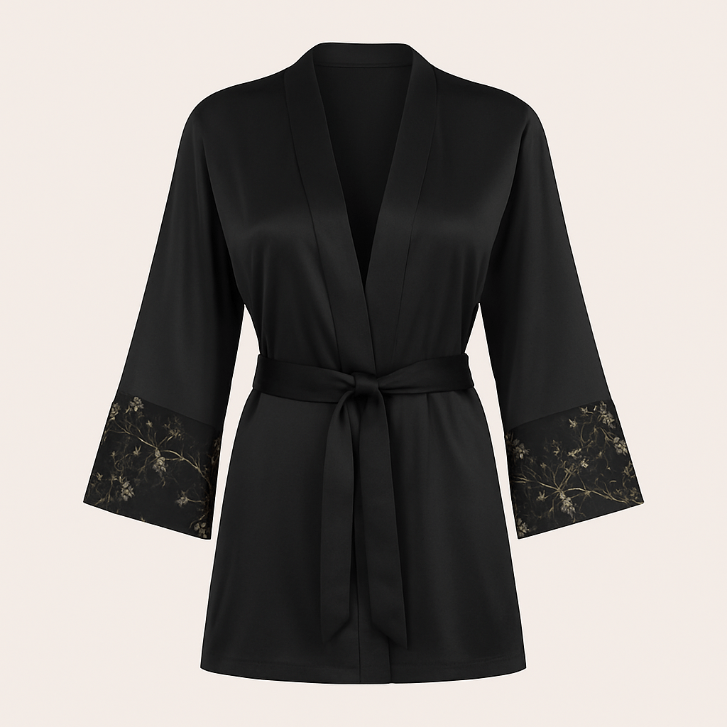 Black & Gold Embroidered Nightwear Set – Babydoll Chemise with Matching Satin Robe - Donna Speziatta