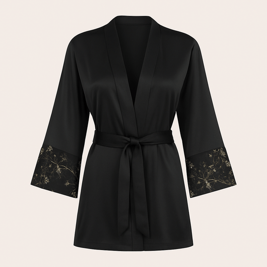 Black & Gold Embroidered Nightwear Set – Babydoll Chemise with Matching Satin Robe - Donna Speziatta