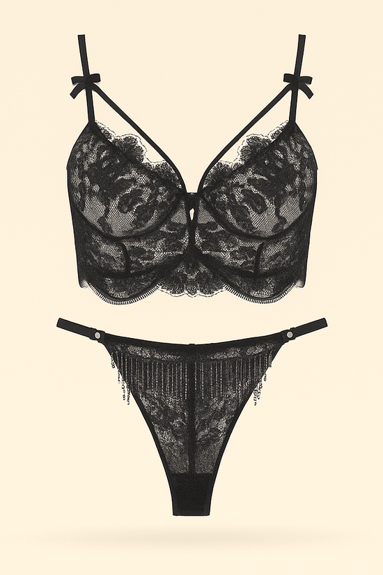 Black Lace Lingerie Set – Underwire Bra & Matching Panty with Beaded Fringe - Donna Speziatta