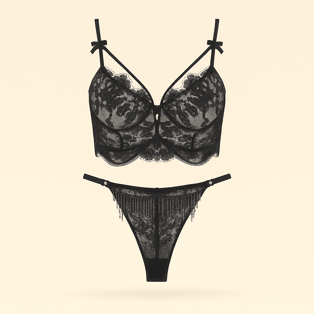 Black Lace Lingerie Set – Underwire Bra & Matching Panty with Beaded Fringe - Donna Speziatta