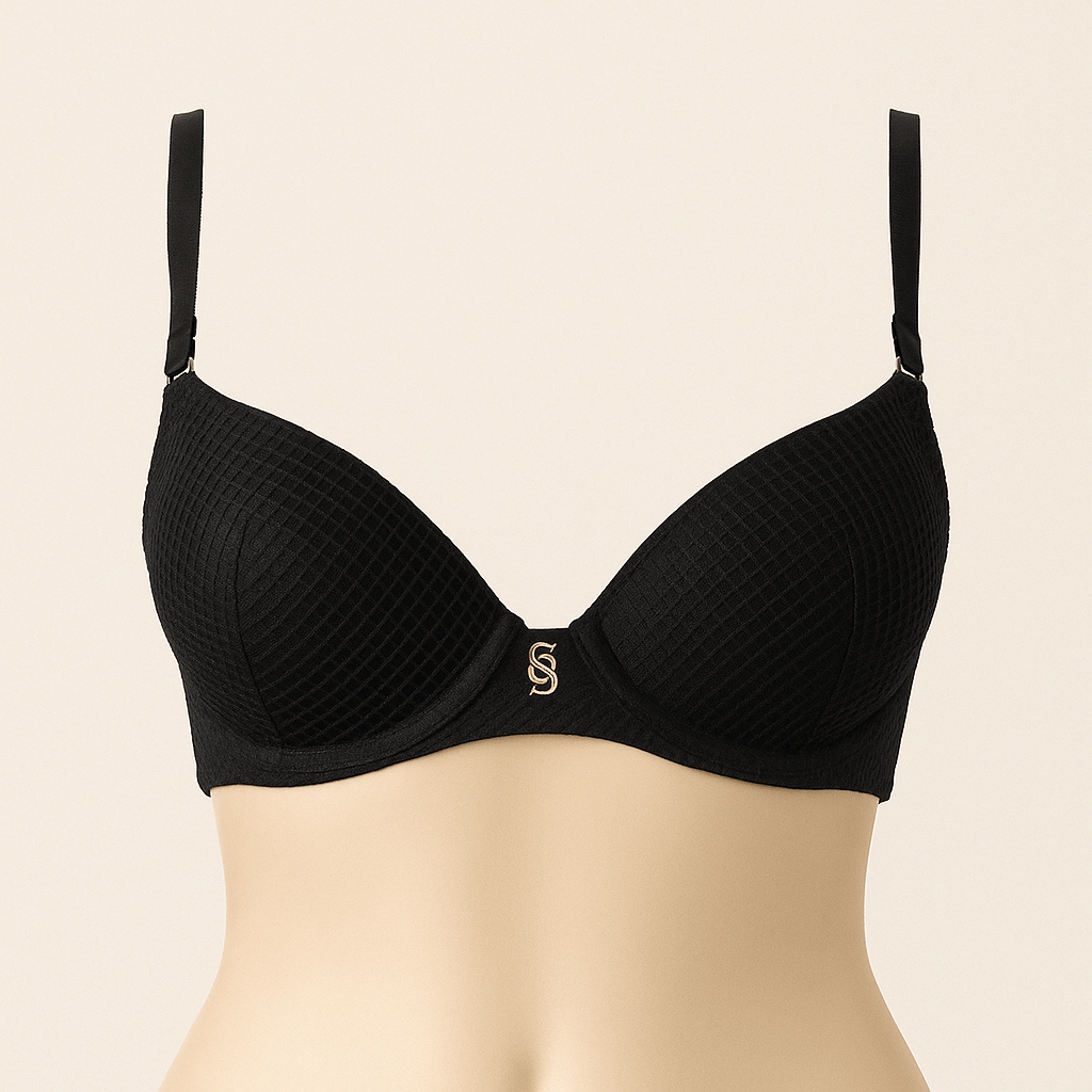 Black Mesh Lingerie Set – Underwire Bra & Sheer Panel Panty with Gold Charm - Donna Speziatta
