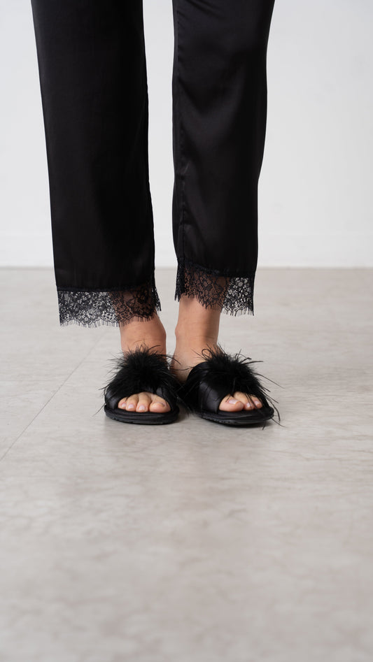 Black Satin Feather Slippers – Luxury Open - Toe Slides with Fluffy Detail - Donna Speziatta