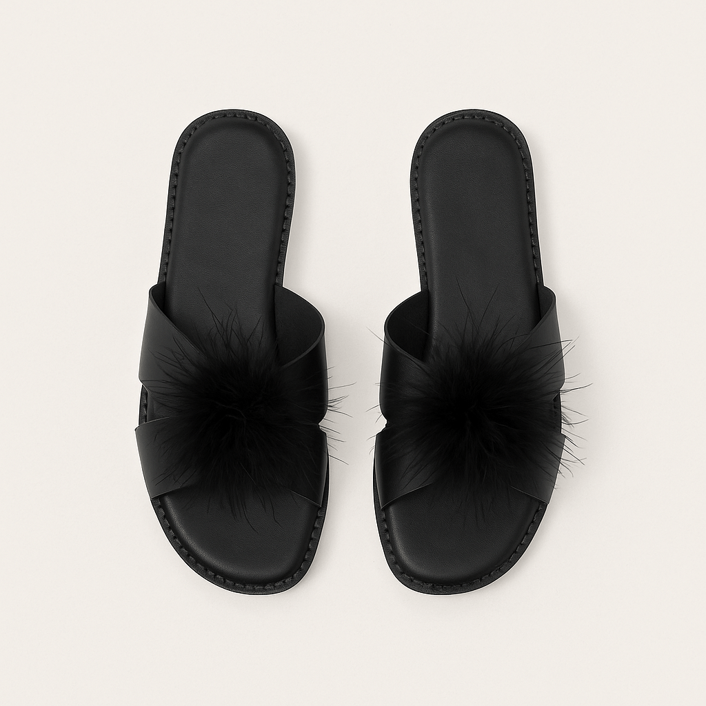 Black Satin Feather Slippers – Luxury Open - Toe Slides with Fluffy Detail - Donna Speziatta
