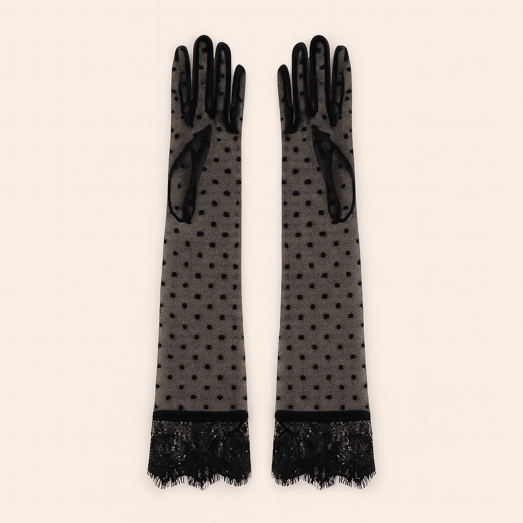Black Sheer Mesh Polka Dot Gloves – Long Elbow - Length with Lace Trim (14BL) - Donna Speziatta