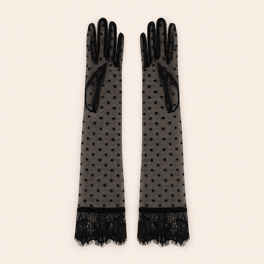 Black Sheer Mesh Polka Dot Gloves – Long Elbow - Length with Lace Trim (14BL) - Donna Speziatta