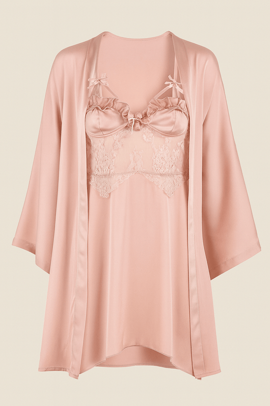 Blush Pink Satin & Lace Nightwear Set – Chemise Slip Dress with Matching Robe - Donna Speziatta