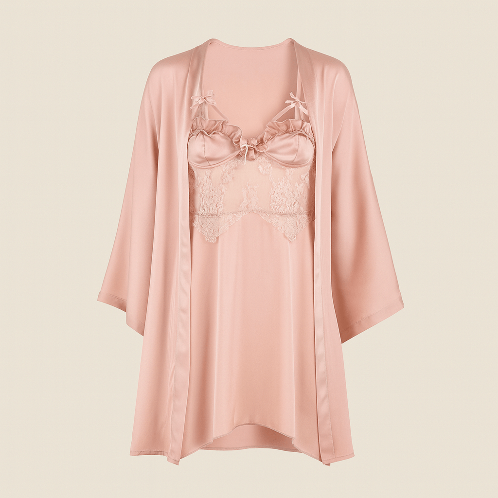 Blush Pink Satin & Lace Nightwear Set – Chemise Slip Dress with Matching Robe - Donna Speziatta