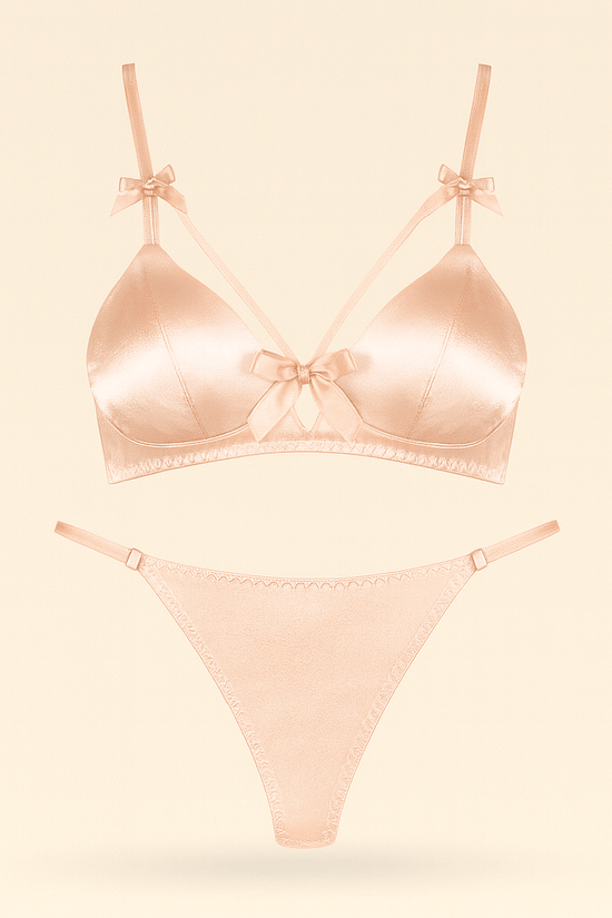 Blush Satin Lingerie Set – Strappy Bralette & Matching Thong with Bow Details - Donna Speziatta