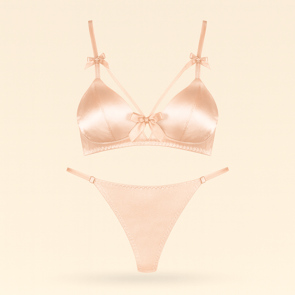 Blush Satin Lingerie Set – Strappy Bralette & Matching Thong with Bow Details - Donna Speziatta