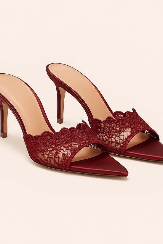 Burgundy Lace Satin Stiletto Mule Heels - Donna Speziatta