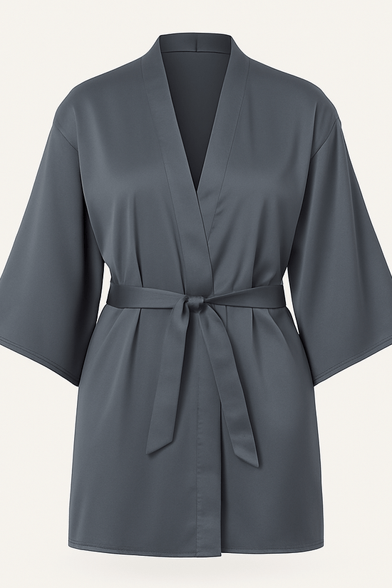 Charcoal Satin Nightwear Set – Bustier Chemise with Matching Kimono Robe - Donna Speziatta