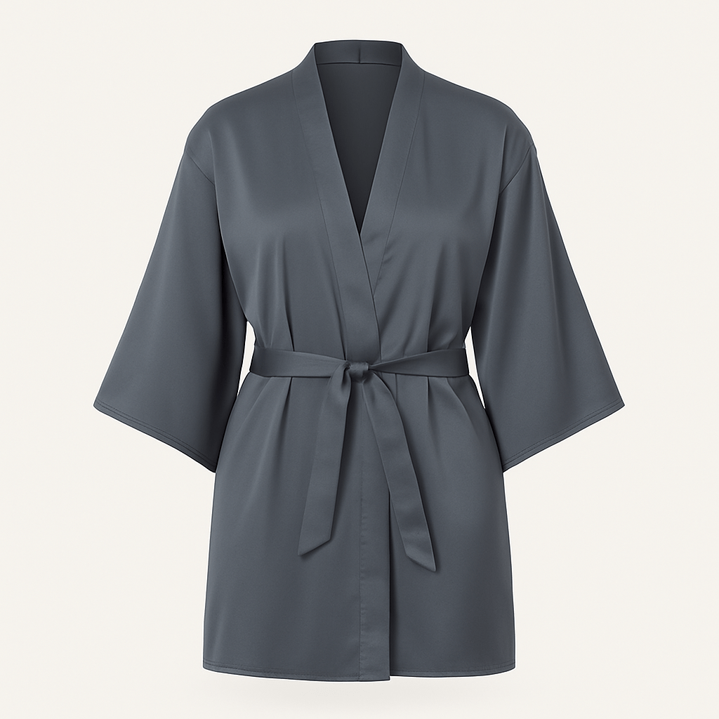 Charcoal Satin Nightwear Set – Bustier Chemise with Matching Kimono Robe - Donna Speziatta