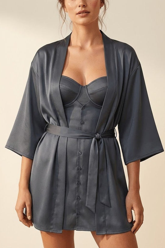 Charcoal Satin Nightwear Set – Bustier Chemise with Matching Kimono Robe - Donna Speziatta