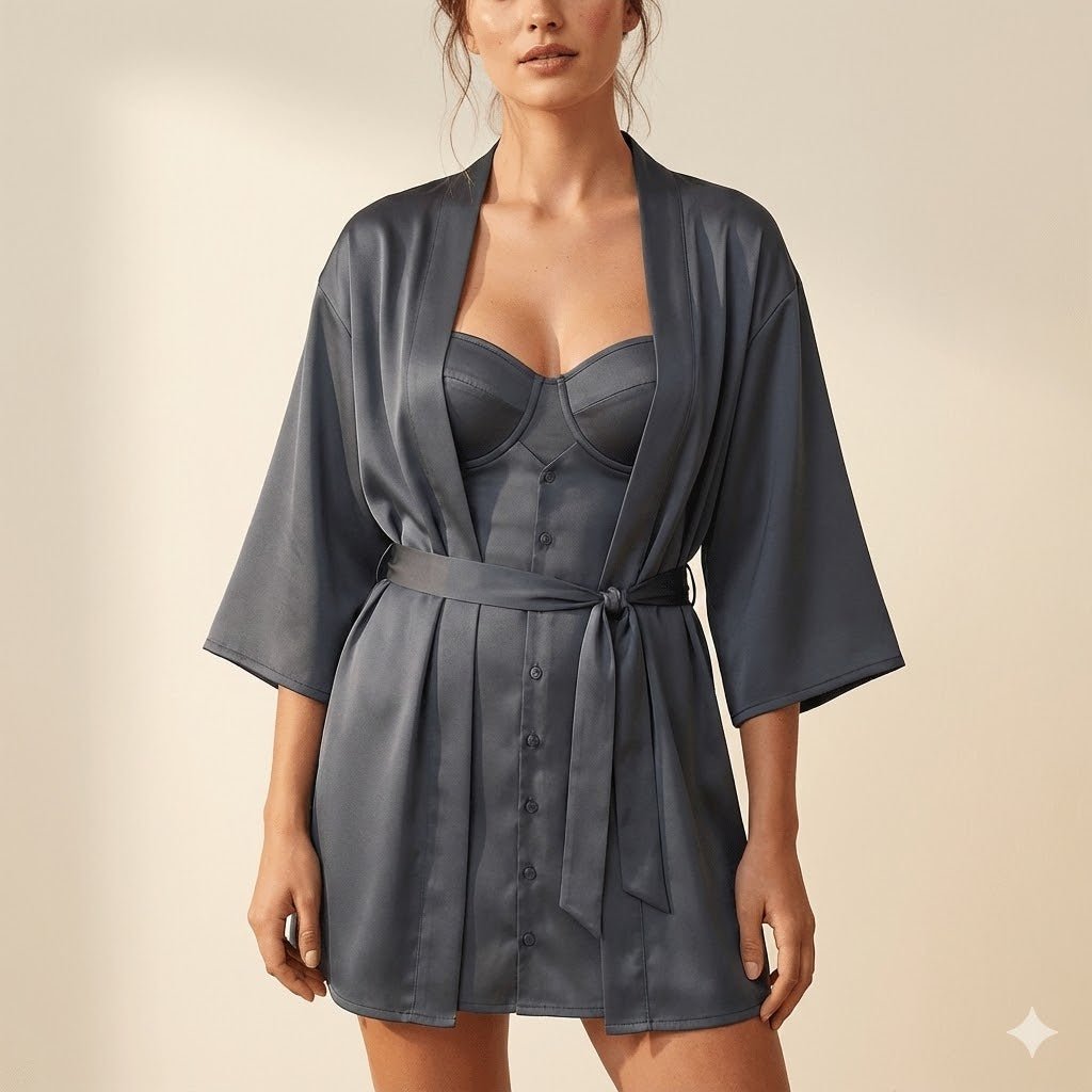 Charcoal Satin Nightwear Set – Bustier Chemise with Matching Kimono Robe - Donna Speziatta