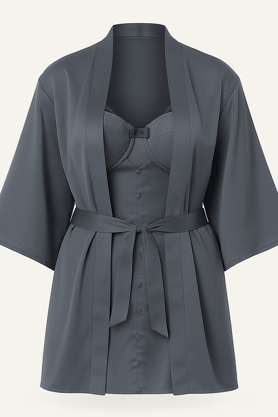 Charcoal Satin Nightwear Set – Bustier Chemise with Matching Kimono Robe - Donna Speziatta