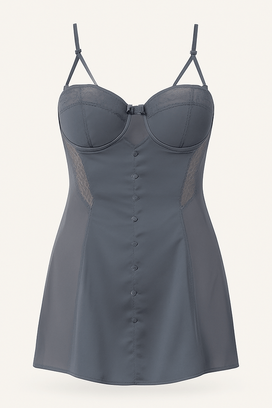 Charcoal Satin Nightwear Set – Bustier Chemise with Matching Kimono Robe - Donna Speziatta