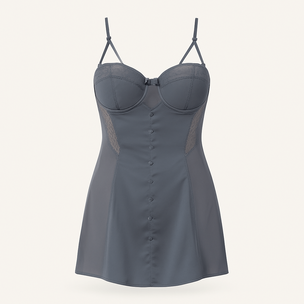 Charcoal Satin Nightwear Set – Bustier Chemise with Matching Kimono Robe - Donna Speziatta
